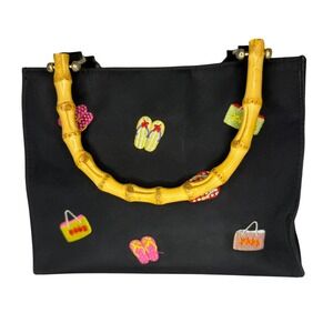 Tianni Black Fabric Handbag Bamboo Handles Embroidered Beach Flip Flops Vintage